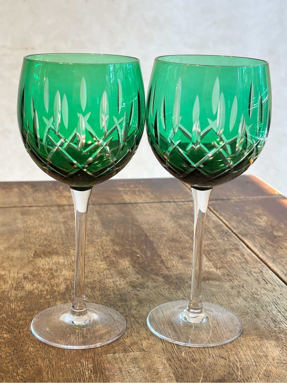 Vintage discontinued Gorham Emerald Green Cut Crystal balloon Wine Glasses